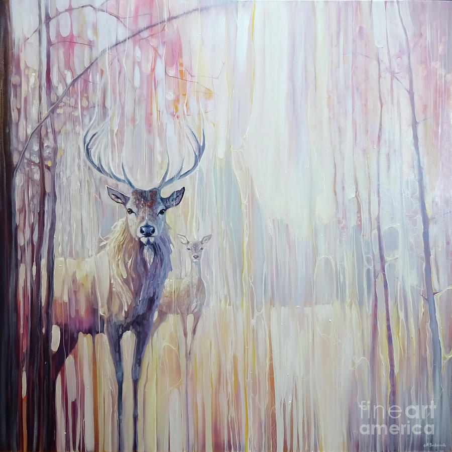 Woodland Souls - large winter landscape painting with deer Painting by Gill Bustamante