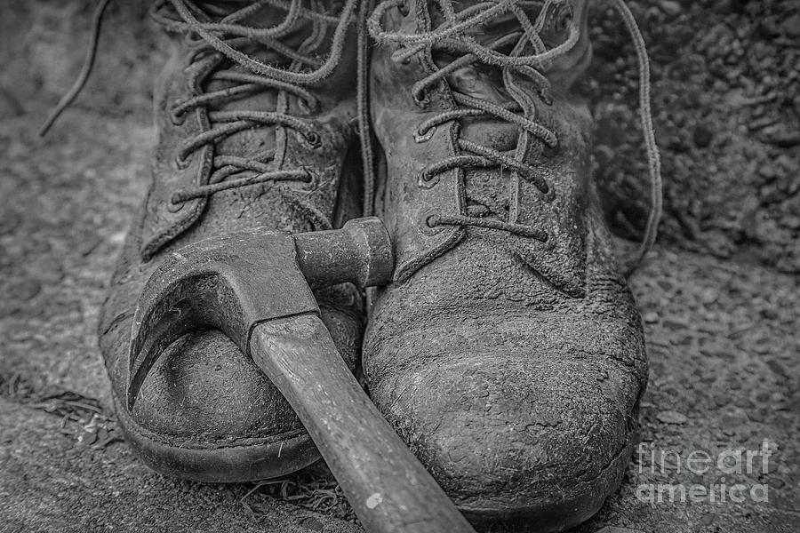 Work Boots And Hammer Black And White Digital Art
