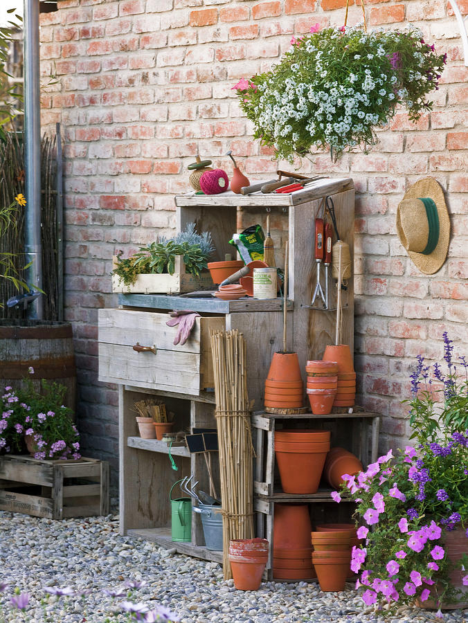 Work Style Worktable With Clay Pots, Bamboo Poles, Planting Utensils ...