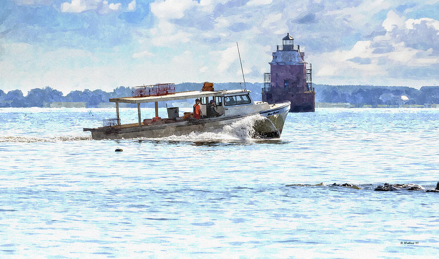 Workboat And Sandy Pt Shoal Lighthouse Watercolor FX Digital Art by Brian Wallace