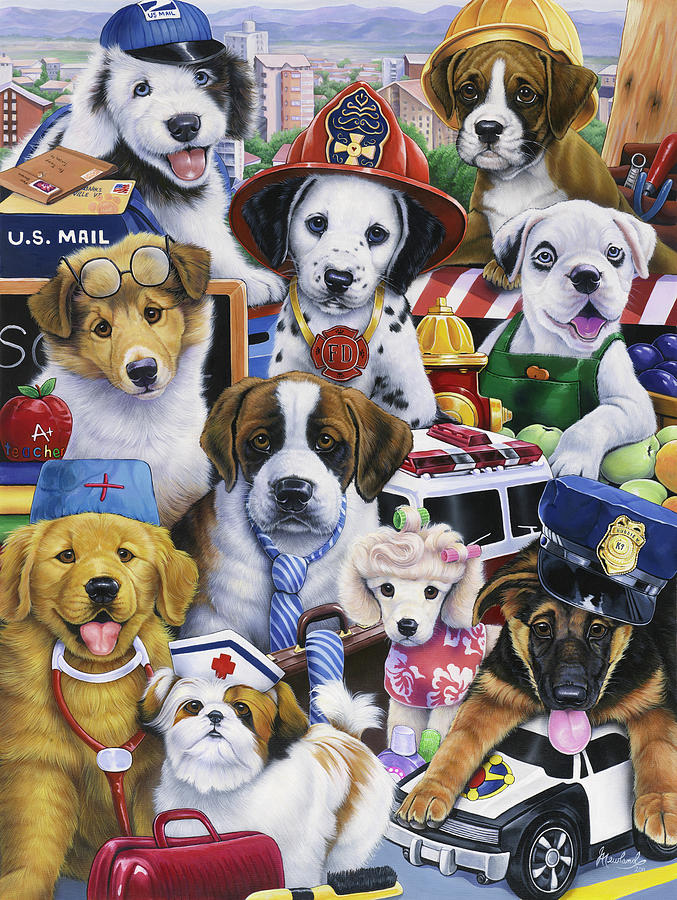 Animal Painting - Working Puppies by Jenny Newland