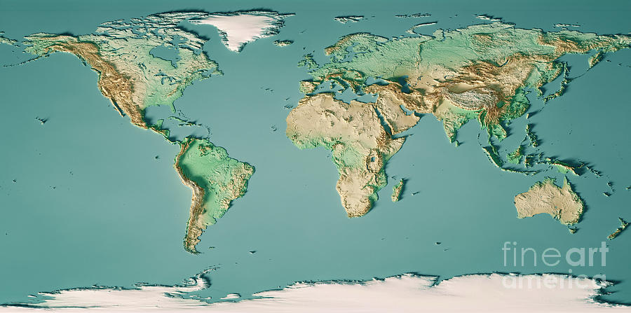 World Digital Art - World Map 3D Render Topographic Map Color by Frank Ramspott