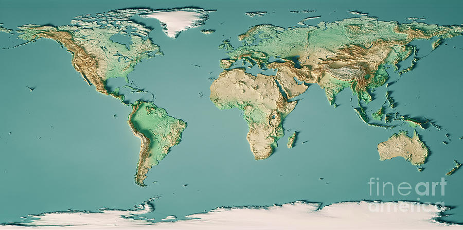 World Map 3D Render Topographic Map Color Digital Art by Frank Ramspott 