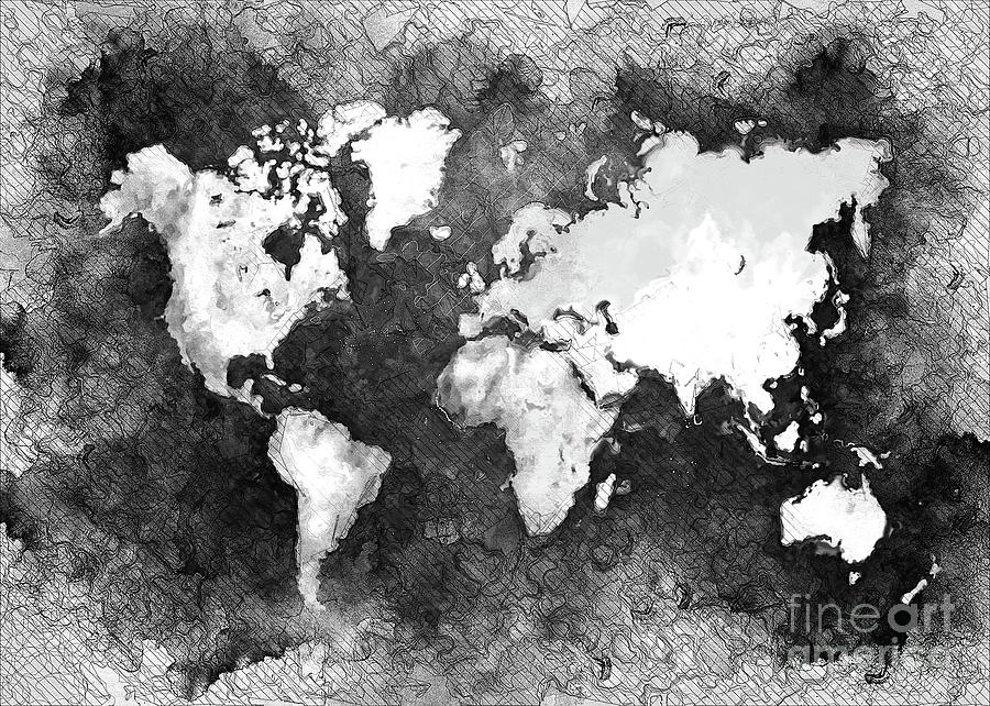 World Map Black And White Digital Art by Justyna Jaszke JBJart