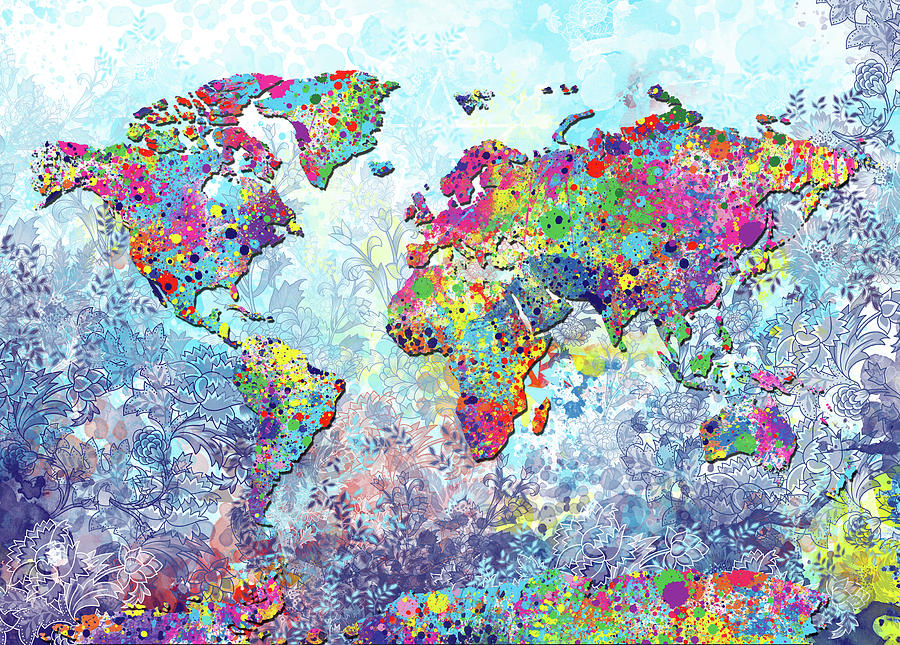 World Map Colorful Retro Digital Art