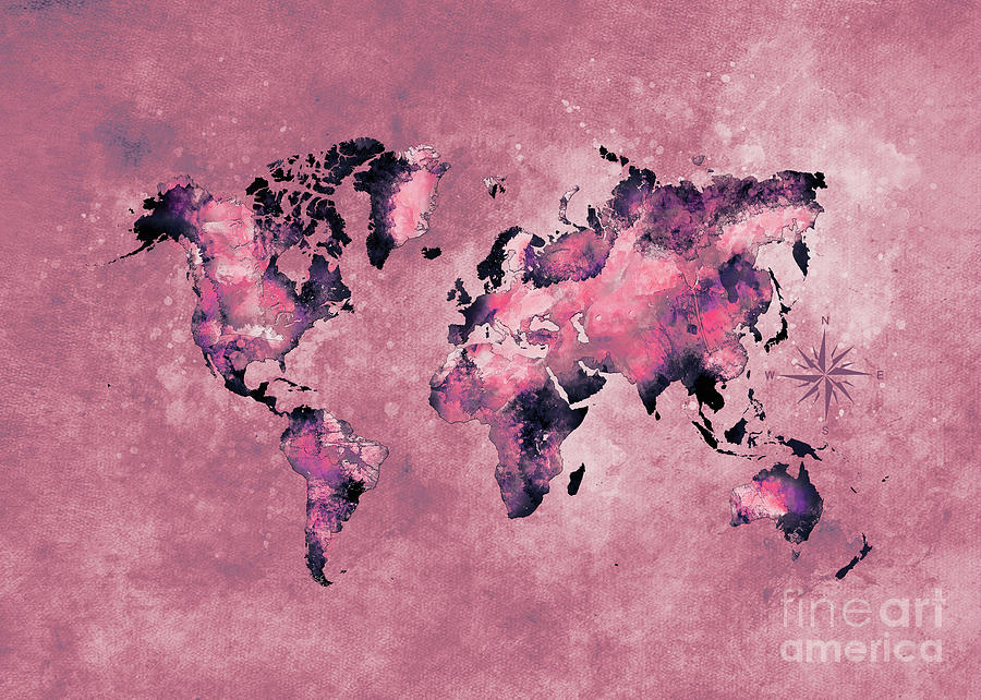 World Map Coral Pink Digital Art by Justyna Jaszke JBJart