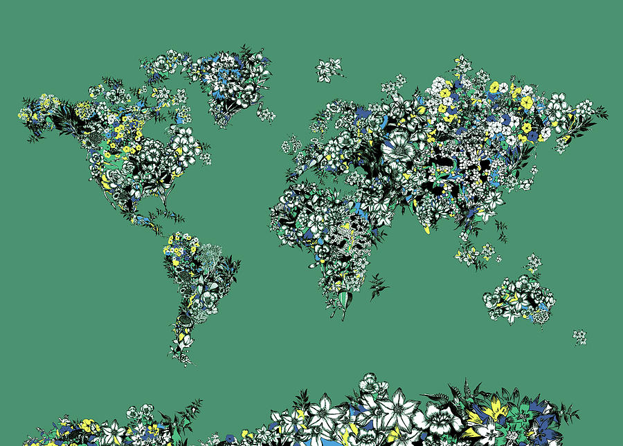 World Map Floral Green Digital Art