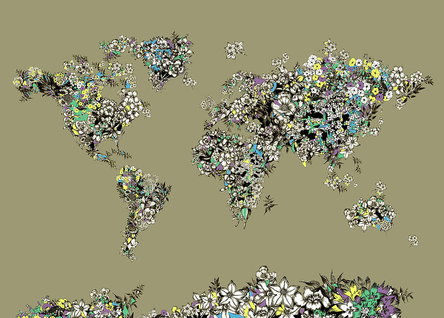 World Map Flowers 3 Digital Art