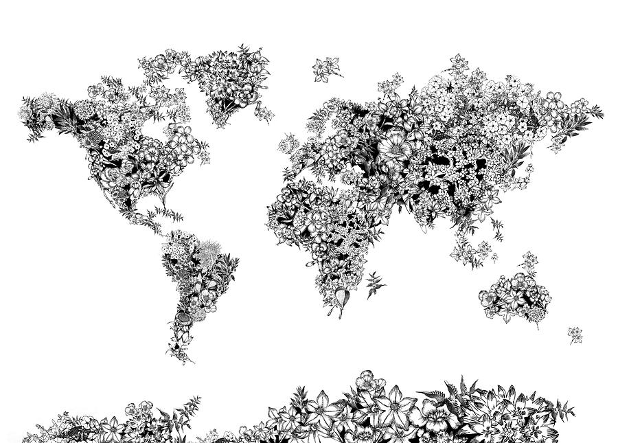 World Map Flowers 4 Digital Art