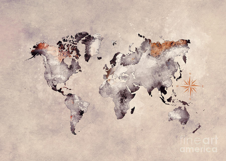 World Map Grey Brown Digital Art