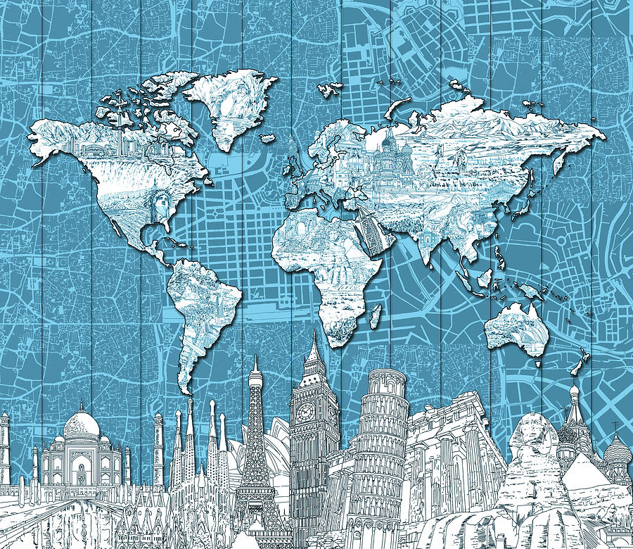 World Map Landmarks Blue Digital Art