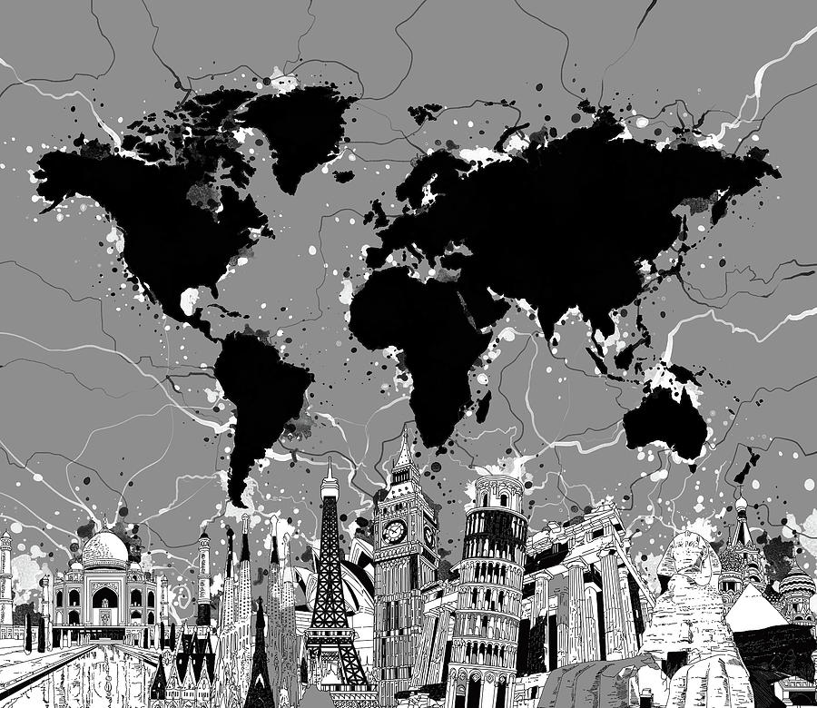 World Map Landmarks Gray Digital Art