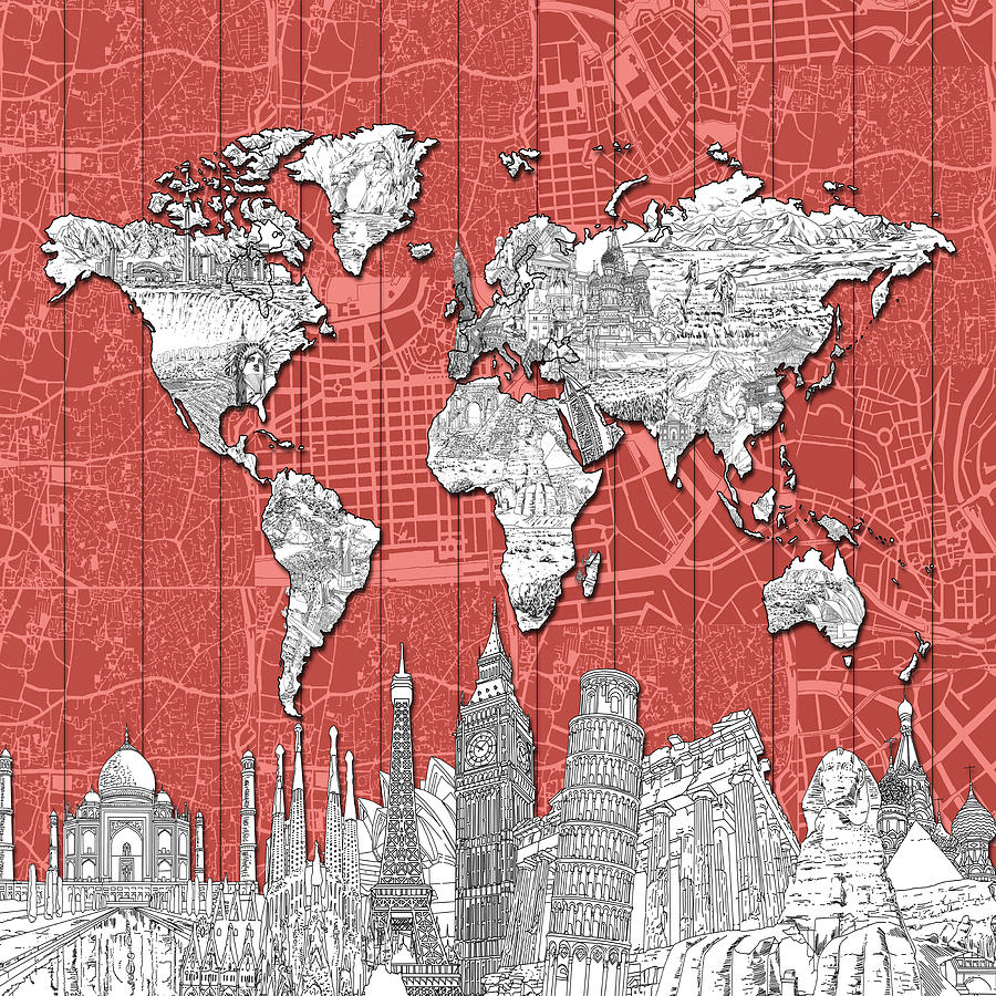 World Map Landmarks Skyline 2 Digital Art