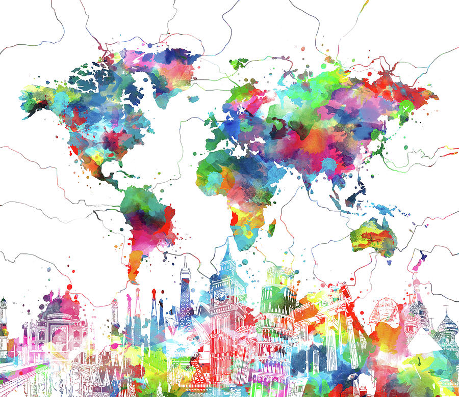 World Map Landmarks Watercolor Digital Art