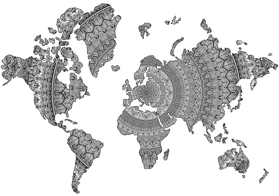 Map Mixed Media - World Map Large Mandala by Delyth Angharad