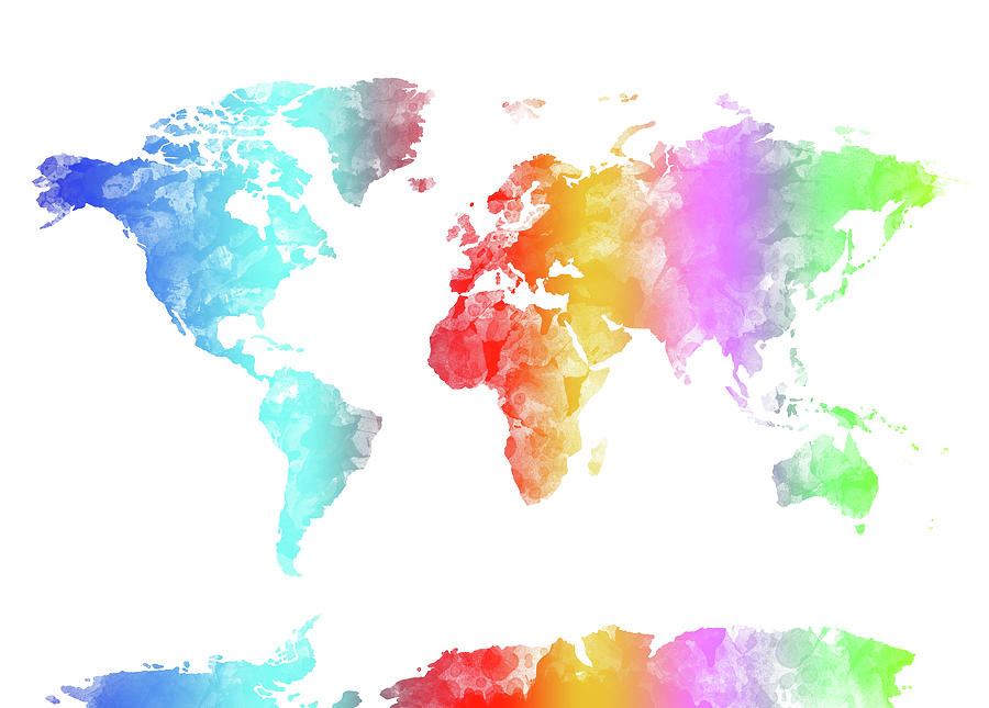 World Map Rainbow Watercolor Digital Art