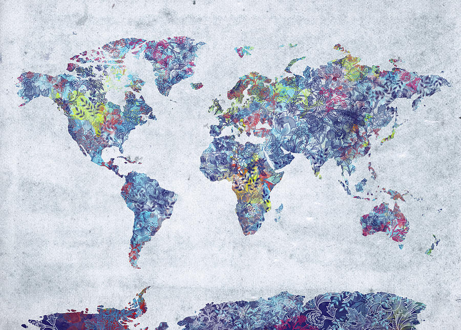 World Map Retro Floral Digital Art