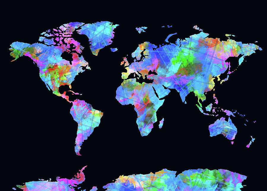 World Map Watercolor Black Digital Art