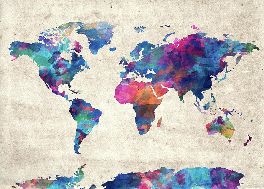 World Map Watercolor Vintage Digital Art