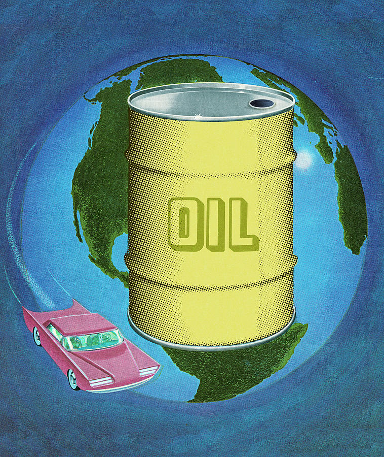Transportation Drawing - World With Oil Barrel and Car by CSA Images