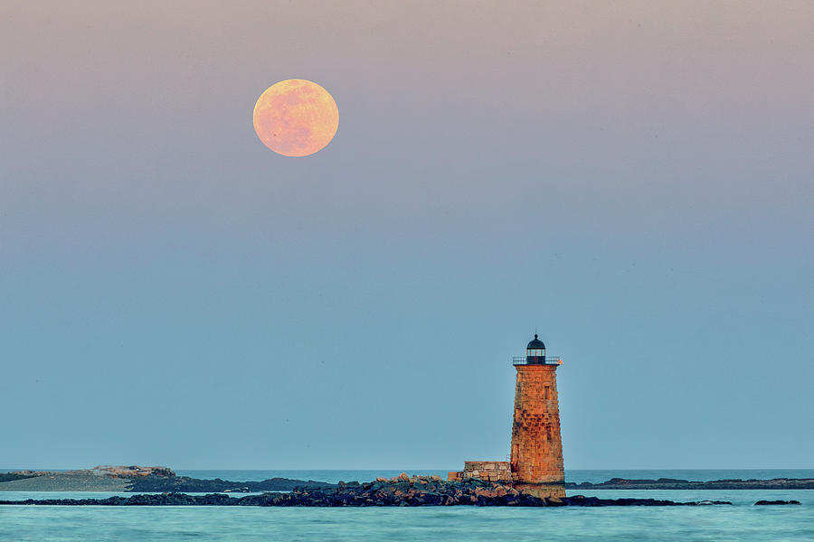 Worm Moon and Whaleback Light Photograph by Juergen Roth