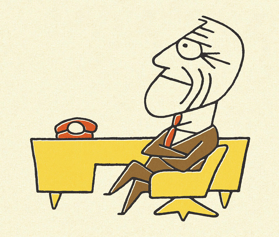 Vintage Drawing - Worried Businessman Sitting at a Desk by CSA Images