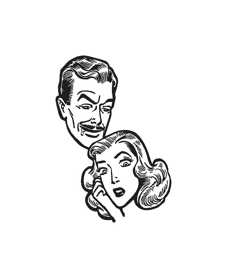 Black And White Drawing - Worried Woman and Sinister Man by CSA Images