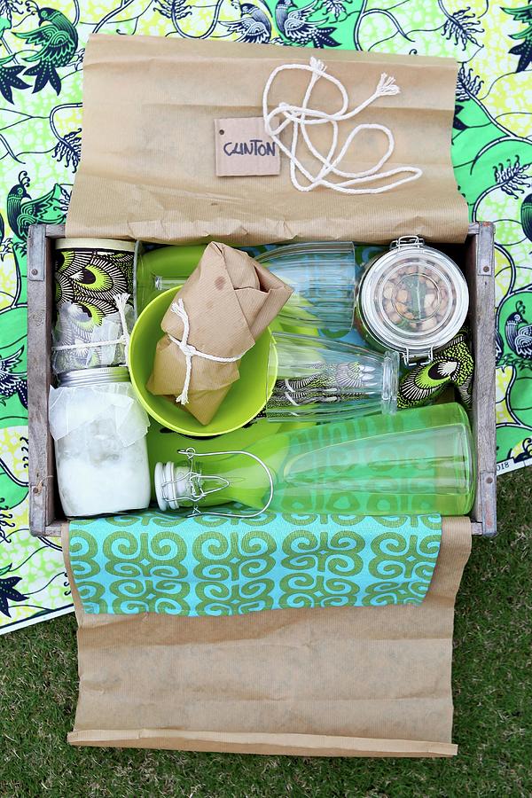 Wrapped Drinks & Food In Wooden Crate Used As Picnic Hamper Photograph by Great Stock!