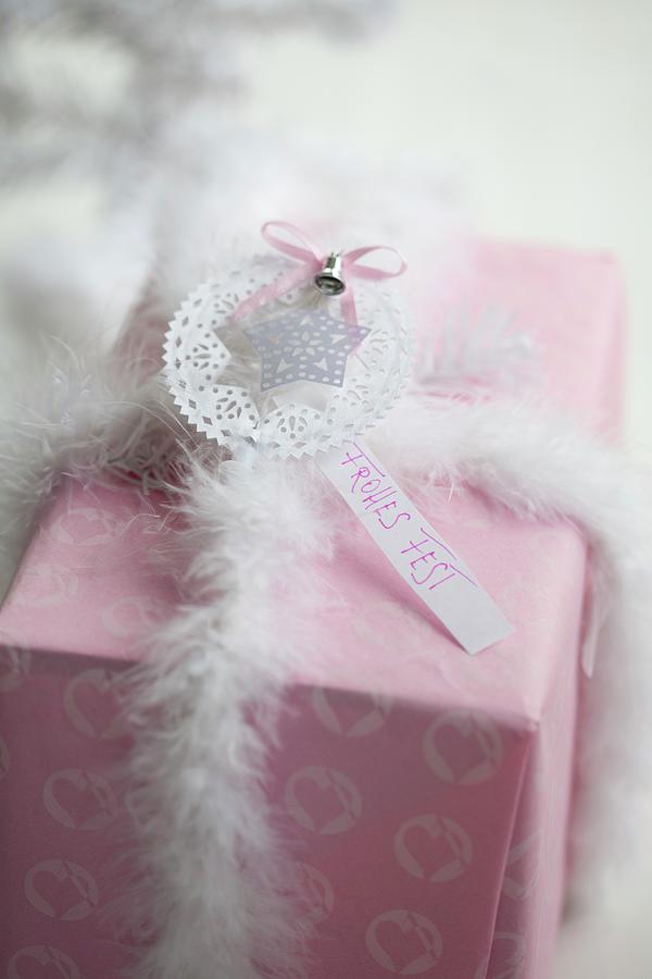 Wrapped Gift Decorated With Star & Feathery Ribbon Photograph by Martina Schindler