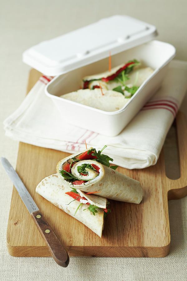 Wraps Filled With Pepper, Rocket And Cheese Photograph by Charlotte Tolhurst