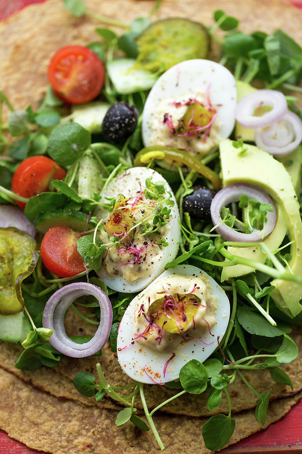 Wraps With Deviled Eggs, Micro Herbs, Avocado And Tomatoes close Up Photograph by Lara Jane Thorpe