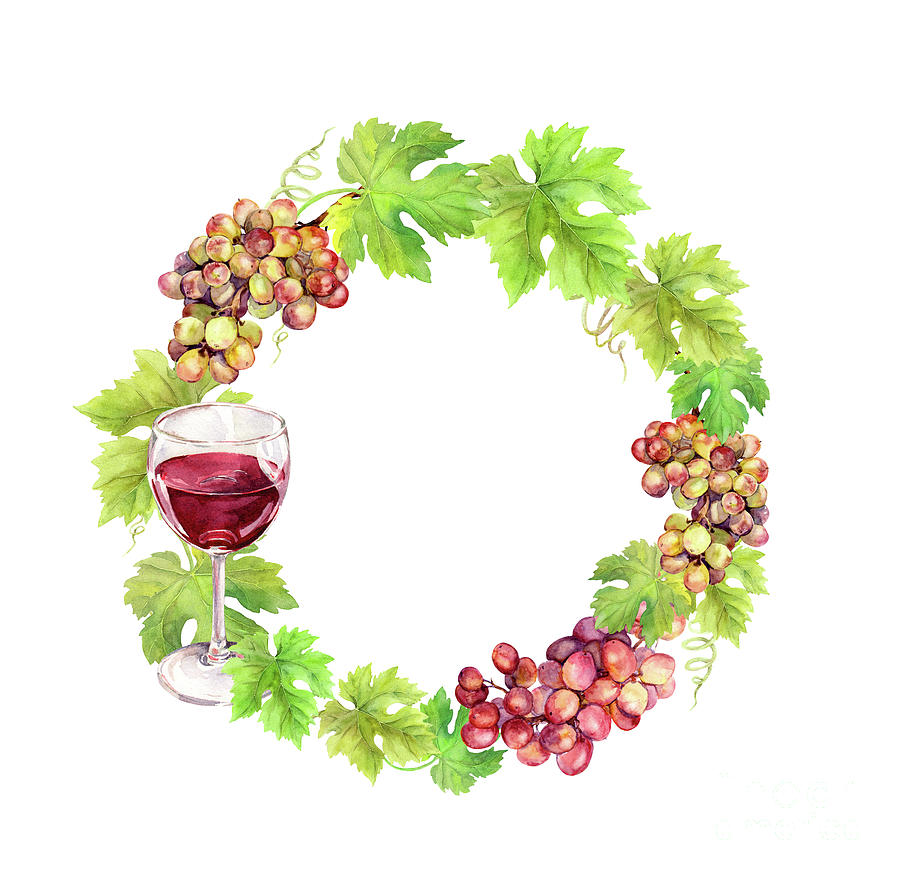 Wreath Border With Grape, Wine Glass Digital Art by Zzorik