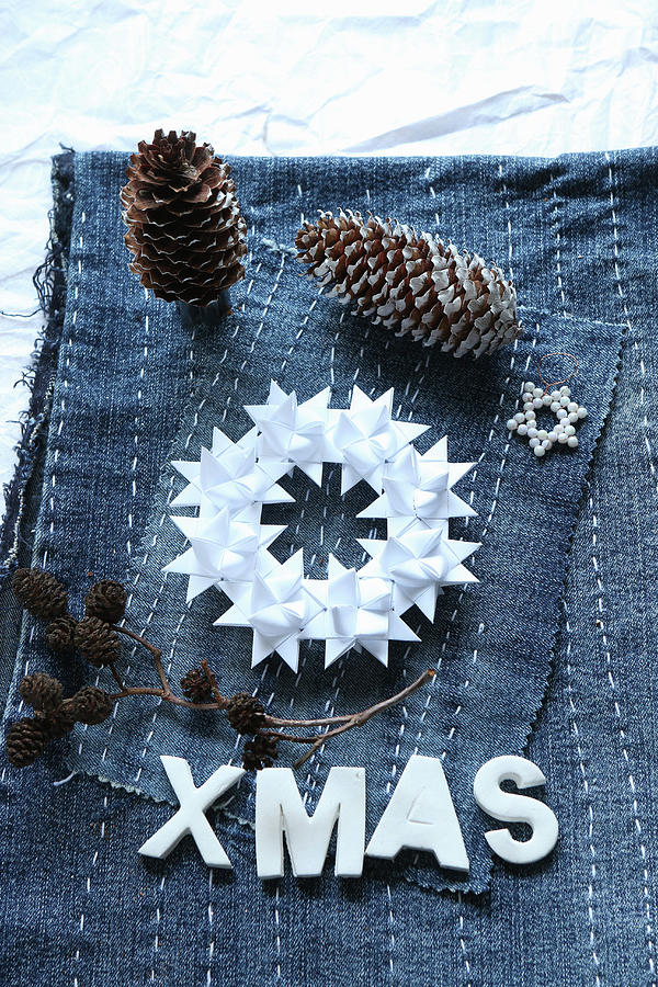 Wreath Of Folded Paper Stars On Denim Embroidered With Lines Photograph by Regina Hippel