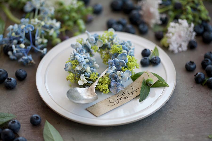 Wreath Of Hydrangea & Ladys Mantle Florets With Name Tag Photograph by Martina Schindler