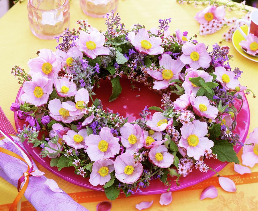 Wreath Of Japanese Anemones, Catmint & Michaelmas Daisies Photograph by Friedrich Strauss
