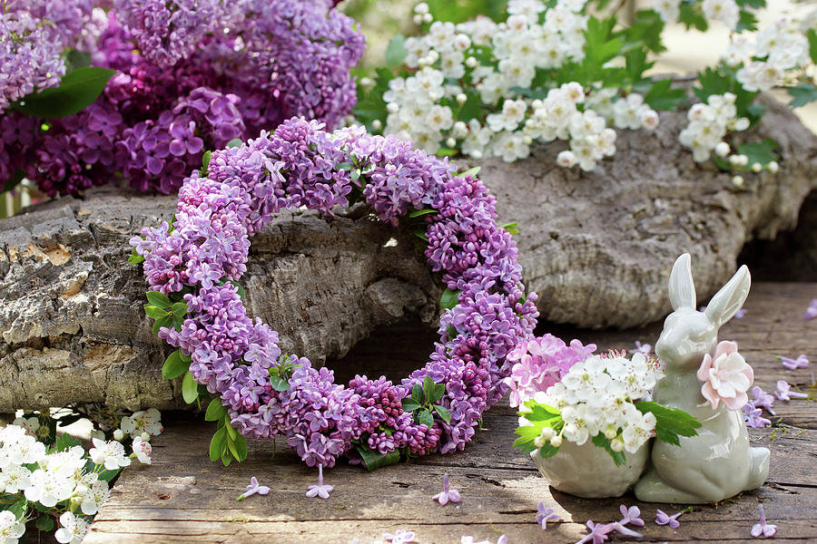 Wreath Of Lilac Blossoms, Easter Bunny Egg Cup With Hawthorn Blossoms Photograph by Angelica Linnhoff