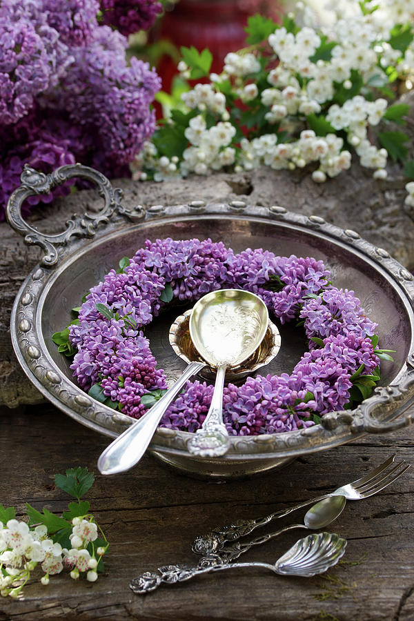 Wreath Of Lilac Florets In Silver Dish Photograph by Angelica Linnhoff