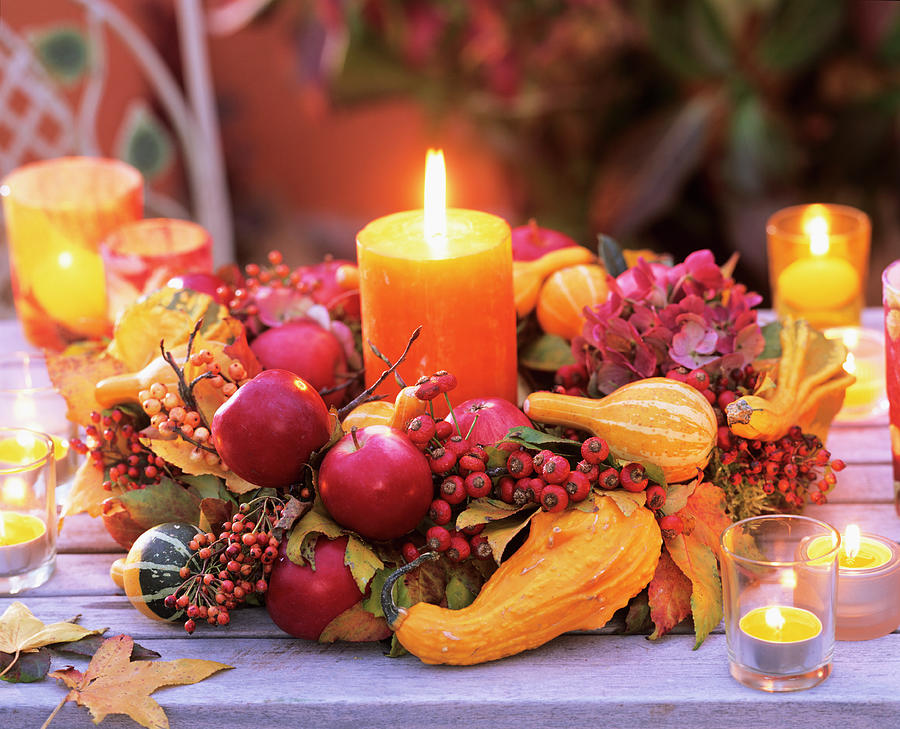 Wreath Of Pumpkins, Apples, Rosehips, Hydrangeas, Autumn Leaves Photograph by Friedrich Strauss