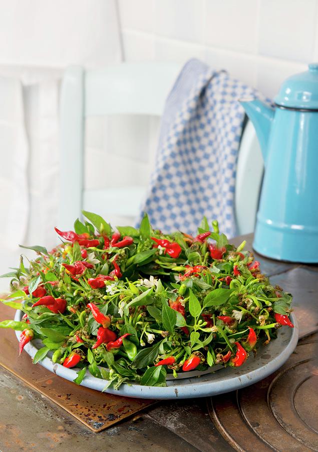 Wreath Of Red Chilli Peppers On Dish On Vintage Kitchen Table Photograph by Inge Ofenstein