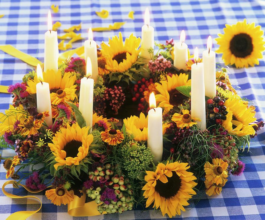 Wreath Of Sunflowers, Helenium, Viburnum Berries & Candles Photograph by Friedrich Strauss