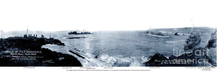 Wreck Photograph - Wreck of 7 U. S. Navy Destroyers at Hondo Point Sept. 8 1923 by Monterey County Historical Society