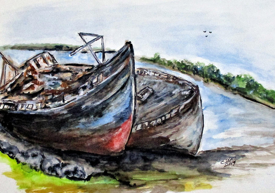 Wrecked River Boats Painting by Clyde J Kell