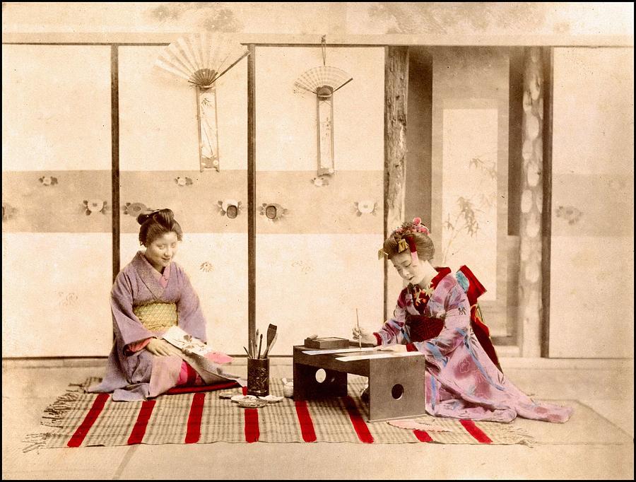 writing  Handcolored japanese albumen print from a tourists album of the early 20th century  Painting by Celestial Images