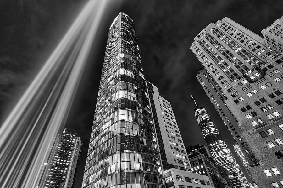 WTC NYC 911 Tribute In Lights BW Photograph by Susan Candelario