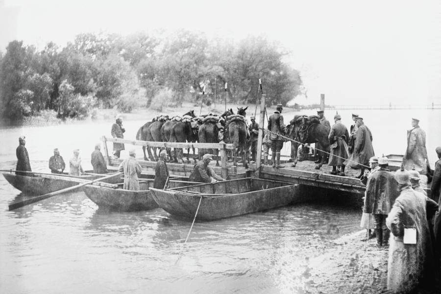 WWI Pontoon Boat Bridge Transports Cavalry over Serbian River Painting by 