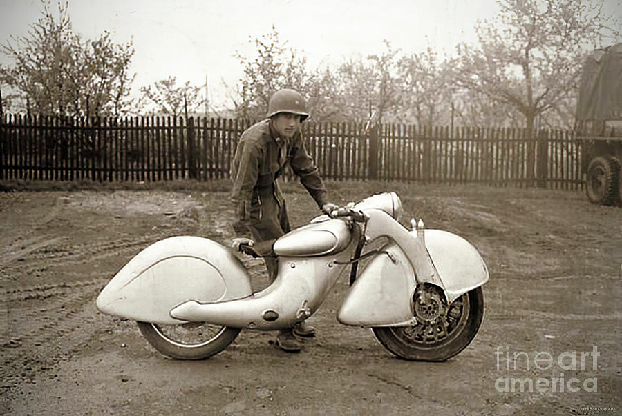 Wwii Serviceman And Art Deco Motorcycle Photograph by Retrographs