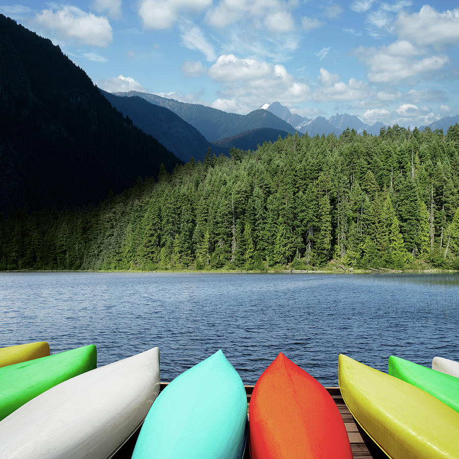 Xxl Canoes And Mountain Lake Photograph by Sharply done Xxl Canoes And Mountain Lake Photograph by Sharply done