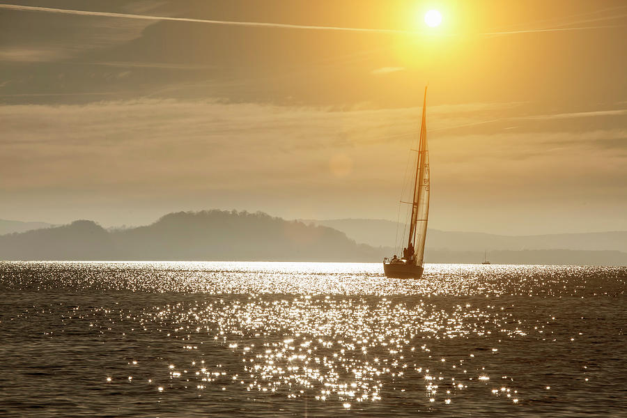 Yacht Sailing On Lake Maggiore, Piemonte, Novara, Italy Digital Art by