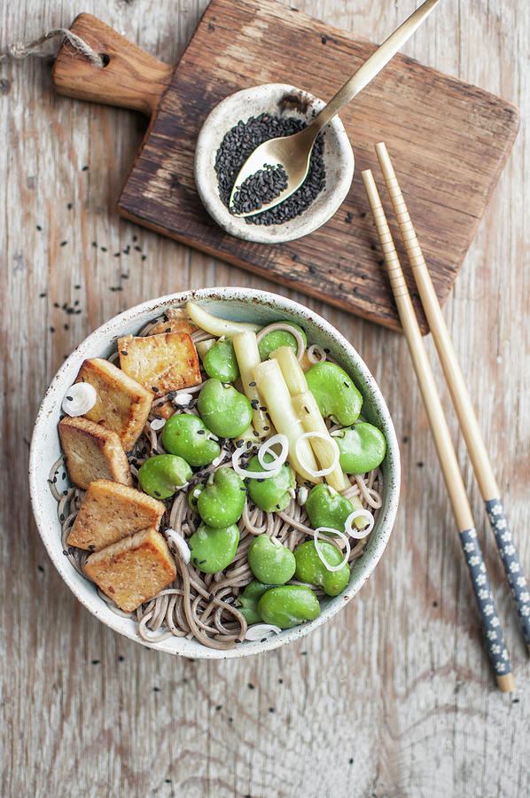 Yaki Soba stir Fry With Soba Noodles With Fried Tofu, Broad Beans, French Beans, Spring Onion And Black Sesame Photograph by Kachel Katarzyna