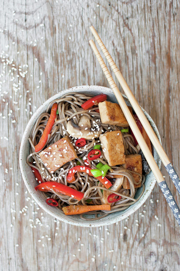 Yaki Soba With Tofu, Bell Pepper And Mushrooms, Sprinkled With Green Onion, Sesame And Fresh Chili glutenfree Photograph by Kachel Katarzyna